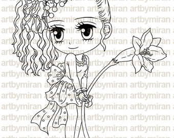 Digital Stamp - Jacque with Lily, Digi Stamp,  Printable Line art for Card and Craft Supply