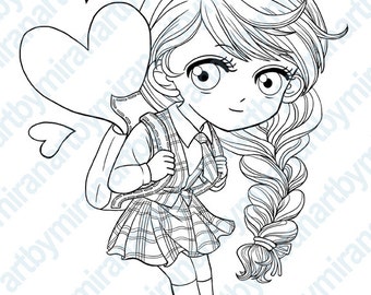 Digital Stamp-School Girl, Digi Stamp,  Children's Art, instant download, Back To School