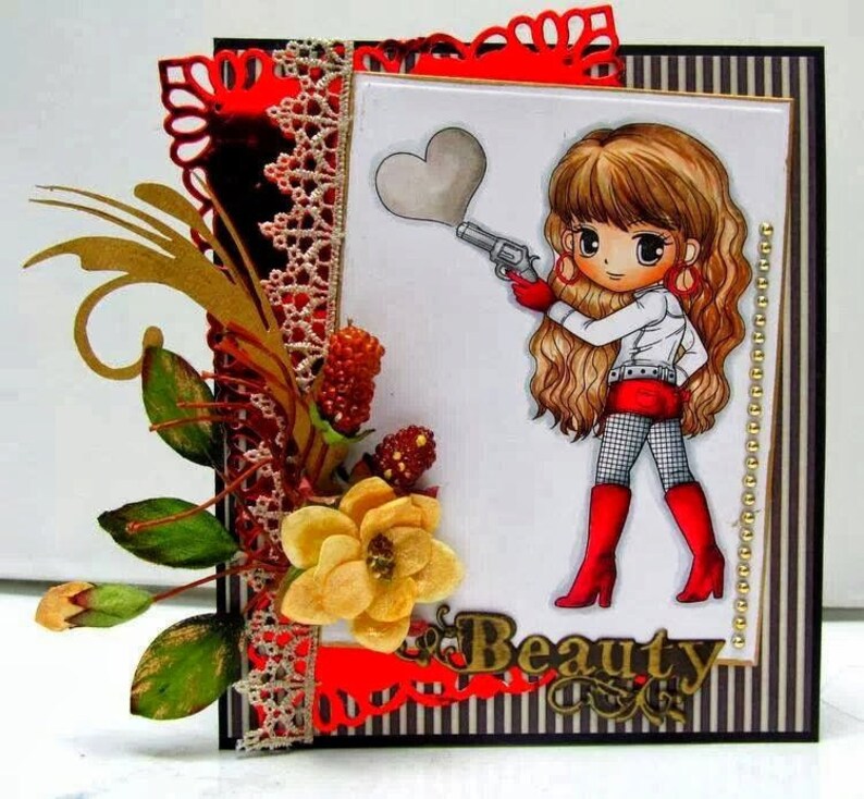 Valentine Digi Stamp-Love Shot, Pretty Girl Heart Digital Stamp, Printable Line art for Card and Craft Supply image 5