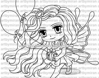 Digital Stamp - Maya(#369), Birthday Fairy Digi Stamp, Card Making supply, Printable Line-art, Instant Download, Anime Art