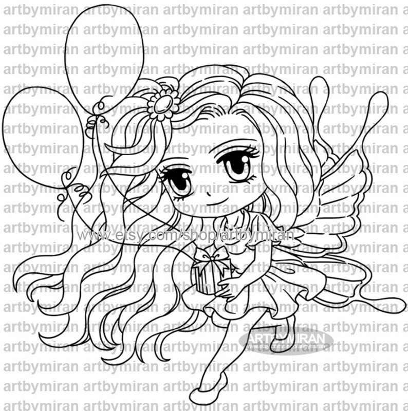 Digital Stamp Maya369, Birthday Fairy Digi Stamp, Card Making supply, Printable Line-art, Instant Download, Anime Art image 1