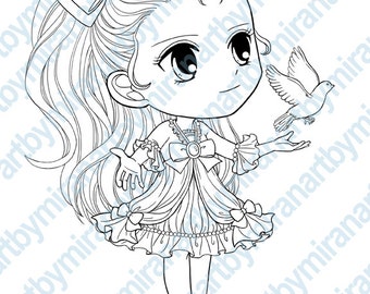 Digital Digi Stamps, Big Eye Doll Coloring Page, Girl with Dove, Instant Download Digi Stamp, Line Art for Card