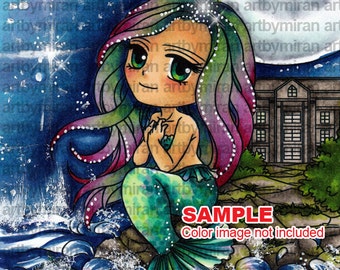 Coloring Page, Mermaid Digital Stamp - Moonlight Mermaid Silvia (#304), Digi Stamp,  Printable Line art for Card and Craft Supply, Fantasy
