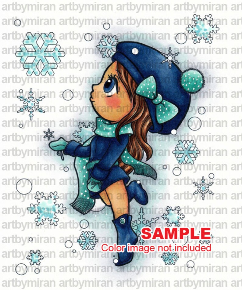 Christmas Digital Stamp, Winter Digi Stamp, Snowflake and girl illustration, Xmas digi stamp, instant download, anime image 2