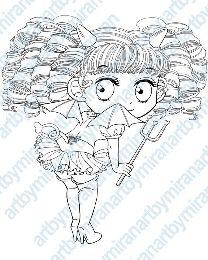 Digital Digi Stamp Cupids Little HelperCute Devil, Instant Download Coloring Page, Anime, kawaii Chibi, Line art for Craft Supplies image 1