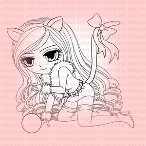 Digital Digi Stamp-Miss Kitty12, Instant Download Coloring Page, Anime, kawaii Chibi, Line art for Card making, art by miran image 1