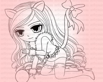 Digital Digi Stamp-Miss Kitty(#12), Instant Download Coloring Page,  Anime, kawaii Chibi, Line art for Card making, art by miran