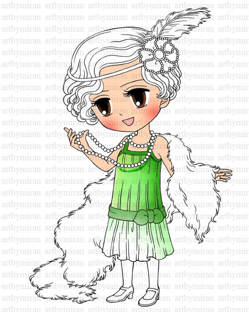 Digital Stamp Brittany 1920's Flapper17, Digi Stamp, Printable Line art for Card and Craft Supply image 1