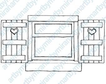 Digital Digi Stamp, Instant Download Cute window Illustration, Line art for Craft Supplies and Cards