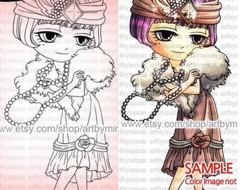 Digital Stamp - Flapper 1920's, Girl Digi Stamp, Big eyed  Printable Line art for Card and Craft Supply, Happy New Year