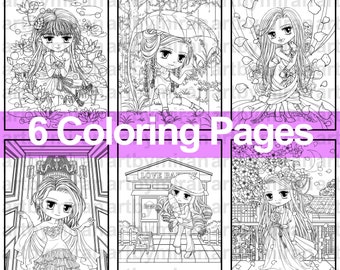 Digital Coloring Book - Coloring Pack #01, 6 Printable Coloring Pages,  PDF Adult Coloring Book, Anime, Cute, Girl, Instant Download