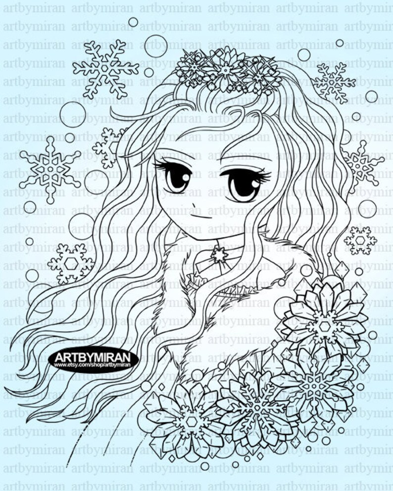 Christmas Digi Stamp, Princess of Snowflake16 Digital Stamp, Winter Printable Line art for Card image 1