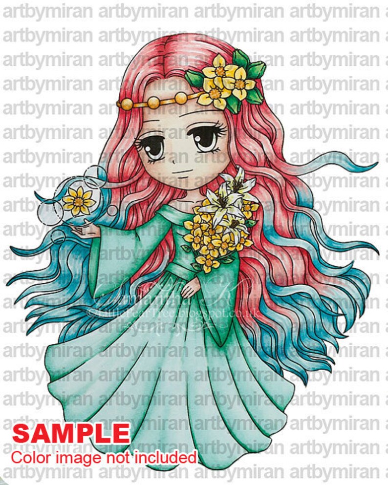 Digitale stempel-Blossom Breeze69, Digi stempel, afdrukbare lijnwerk voor kaart en de levering van ambachtelijke, Fantasy afbeelding 2