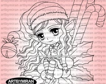 Digital Stamp Christmas Chibi Elf - Candy Cane Dreams(#364), Winter Digi Stamp, Instant Download, Kawaii Anime Clipart for DIY Projects