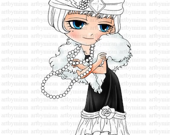 Digital Stamp - Flapper 1920's, Girl Digi Stamp, Big eyed  Printable Line art for Card and Craft Supply, Art by Mi Ran Jung