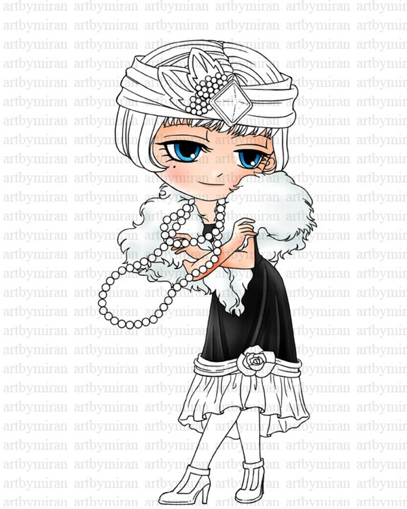 Digital Stamp Flapper 1920's, Girl Digi Stamp, Big eyed Printable Line art for Card and Craft Supply, Art by Mi Ran Jung image 1