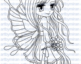 Fairy Digital Stamp - Flutterby(#184), Digi Stamp, Printable Line art for Card and Craft Supply, Fantasy