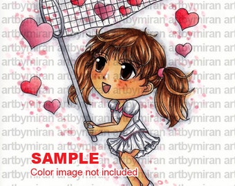 Digi Stamp-Catching Hearts(#06), Cute Girl  Digital Stamp, Printable Line art for Card and Craft Supply, Art by Mi Ran Jung