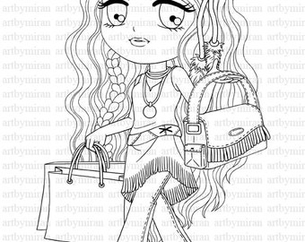 Hippy Girl Digital Stamp,  Digi Stamp, Printable Line art for Card and Craft Supply, Art by Mi Ran Jung