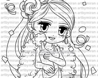 Digital Stamp - Celebration Cindy(#372), New Years Digi Stamp, Printable Line art for Card and Craft Supply, Birthday, Instant Download