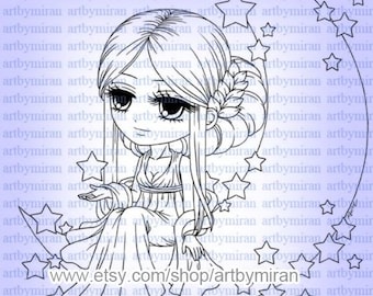 Digital Stamp Moon and Girl - Lunar Deity(#59), Baby Shower Digi Stamp, DIY Cute Anime Journal Cover, Coloring Page for Adult & Kids