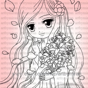 Timbro digitale Anime Girl -Flo (#375), timbro digitale Kawaii Chibi, ragazza con fiori, fai da te per scrapbooking, creazione di biglietti, immagine stampabile per diario