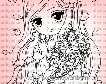 Digital Stamp Anime Girl -Flo(#375), Kawaii Chibi Digi Stamp, Girl with flowers, DIY Scrapbooking, Cardmaking, Printable image for Journal