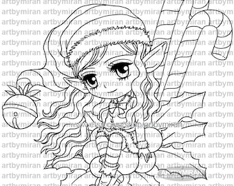 Christmas Elf Digital Stamp - Candy Cane Dreams(#364), Digi Stamp, Printable Line art for Card and Craft Supply, Winter, Instant Download