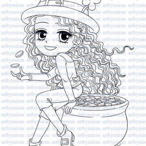 St Patrick's Digital Stamp-Lucky Lucy, Digi Stamp,  Printable Line art for Card and Craft Supply