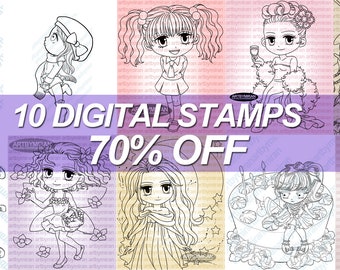 Digital Stamps Bundle 04 - 10 Digi Stamps, Printable, Line art, Coloring pages, Instant Download, Anime, Birthday, Christmas, New Year