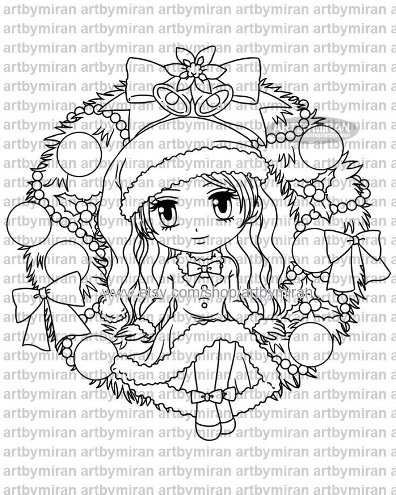 Christmas Digital Stamp Christmas Wreath370, Winter Digi Stamp, Printable Line art for Card and Craft Supply, Instant Download image 1