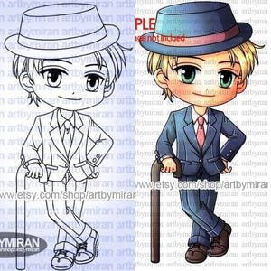 Boy Digital Stamp - Gentleman George, Birthday Digi Stamp, Printable Clipart for Cardmaking & Scrapbooking, Cute Anime Coloring Page