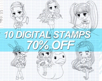 Digital Stamps Bundle 01 - 10 Images 70%off, Digi Stamp, Printable, Line art, Coloring pages, Instant Download, Anime, Birthday, Christmas