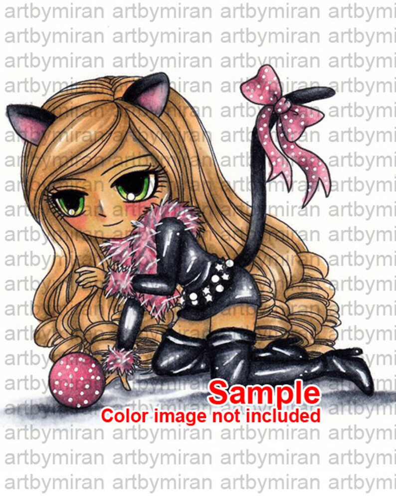 Digital Digi Stamp-Miss Kitty12, Instant Download Coloring Page, Anime, kawaii Chibi, Line art for Card making, art by miran image 2