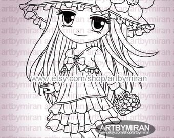 Cute Spring Girl Digital Stamp - Gina(#274), Birthday Digi Stamp,  Printable Line art for Cardmaking and Scrapbooking, Kawaii Anime Clipart