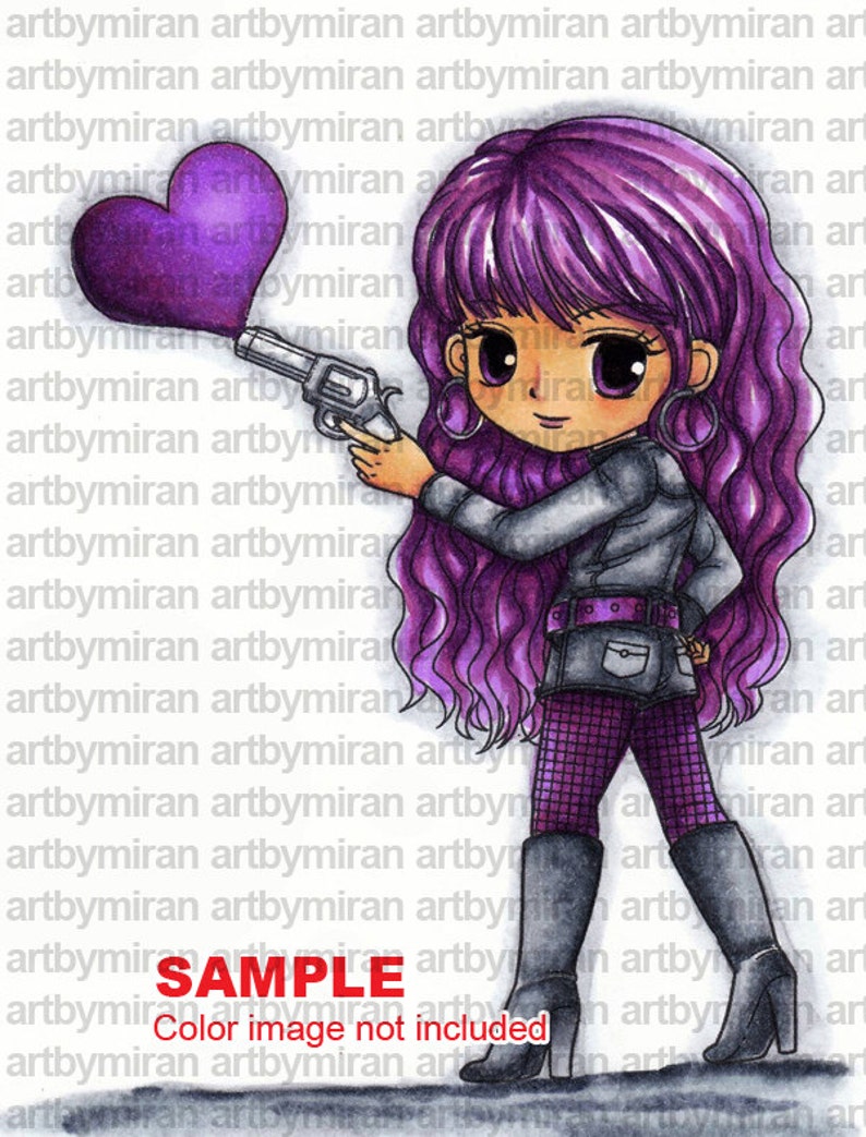 Valentine Digi Stamp-Love Shot, Pretty Girl Heart Digital Stamp, Printable Line art for Card and Craft Supply image 2