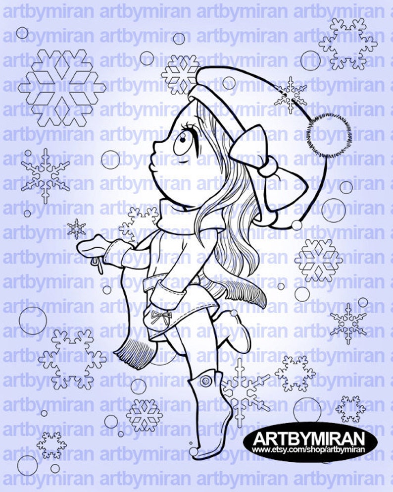 Christmas Digital Stamp, Winter Digi Stamp, Snowflake and girl illustration, Xmas digi stamp, instant download, anime image 1