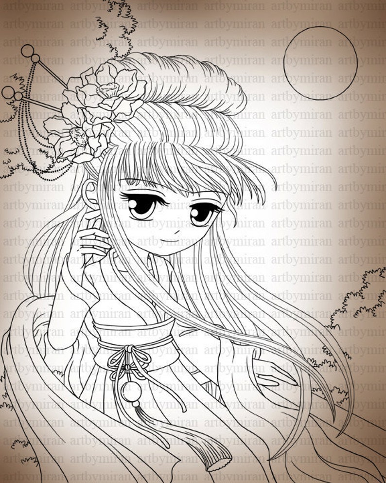 Wind Blown20 Digital Stamp, Coloring Page, Instant download Digi Stamp, Anime Printable Line art for Card, Art by Mi Ran Jung image 1