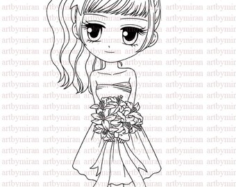 Digital Stamp-Flower Girl Vanessa(#85), Digi Stamp,  Printable Line art for Card and Craft Supply