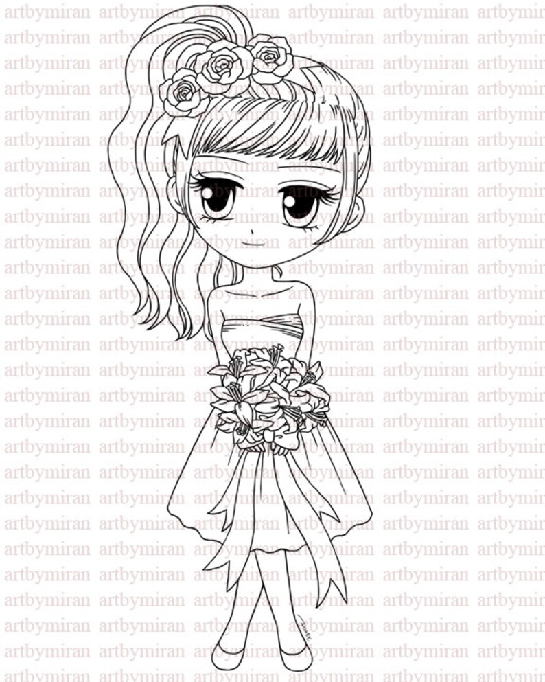 Digital Stamp-Flower Girl Vanessa85, Digi Stamp, Printable Line art for Card and Craft Supply image 1