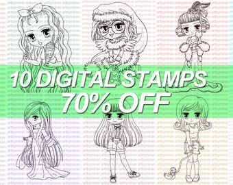 Digital Stamps Bundle 02 - 10 Digi Stamps, Printable, Line art, Coloring pages, Instant Download, Anime, Birthday, Christmas, Cute, Anime