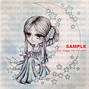 Digital Stamp-Lunar Deity59, Digi Stamp, Printable Line art for Card and Craft Supply, Fantasy image 2