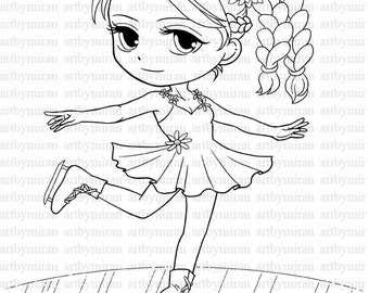 Digital Stamp-Skating Girl(#03), Winter  Digi Stamp, Printable Line art for Card and Craft Supply, Art by Mi Ran Jung