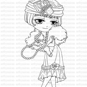 Digital Stamp Flapper 1920's, Girl Digi Stamp, Big eyed Printable Line art for Card and Craft Supply, Art by Mi Ran Jung image 2