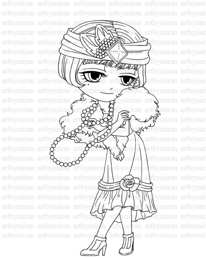 Digital Stamp Flapper 1920's, Girl Digi Stamp, Big eyed Printable Line art for Card and Craft Supply, Art by Mi Ran Jung image 2