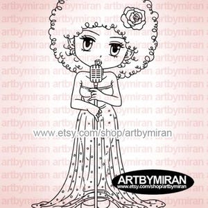 Jazz Singer Digital Stamp -Bobby Beats(#232), Cute Anime Girl Digi Stamp, Printable Line art for Card and Craft Supply, Kawaii Chibi Clipart
