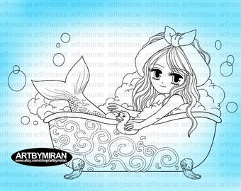 Mermaid Digital Stamp(#13), Digi Stamp,  Coloring Page, Printable Line art for Card and Craft Supply, Art by Mi Ran Jung, Fantasy