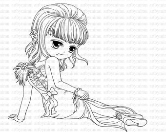 Digi Stamp-Miss Tattoo(#29), Digital Stamp, Big eyed girl  Printable Line art for Card and Craft Supply, Art by Mi Ran Jung