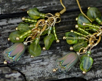 Stainless steel cluster earrings with peridot and bohemian glass beads, green floral seed beads