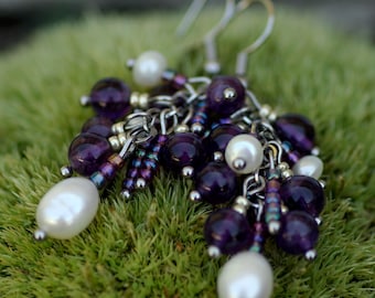Stainless steel cluster earrings, purple with amethyst seed beads, freshwater pearl drop earrings, earrings
